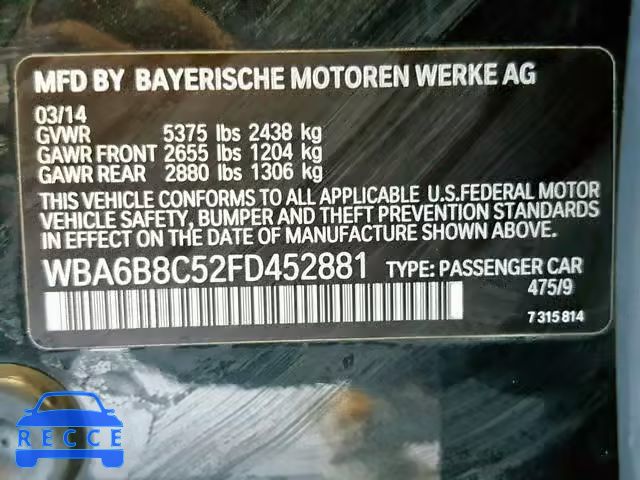 2015 BMW 640 XI WBA6B8C52FD452881 зображення 9