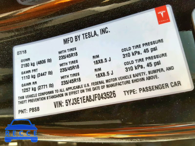 2018 TESLA MODEL 3 5YJ3E1EA8JF043526 image 9