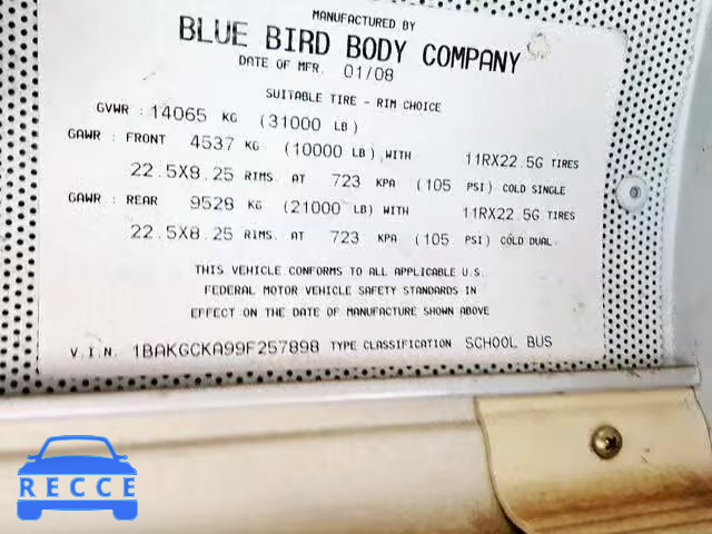 2009 BLUE BIRD SCHOOL BUS 1BAKGCKA99F257898 image 9