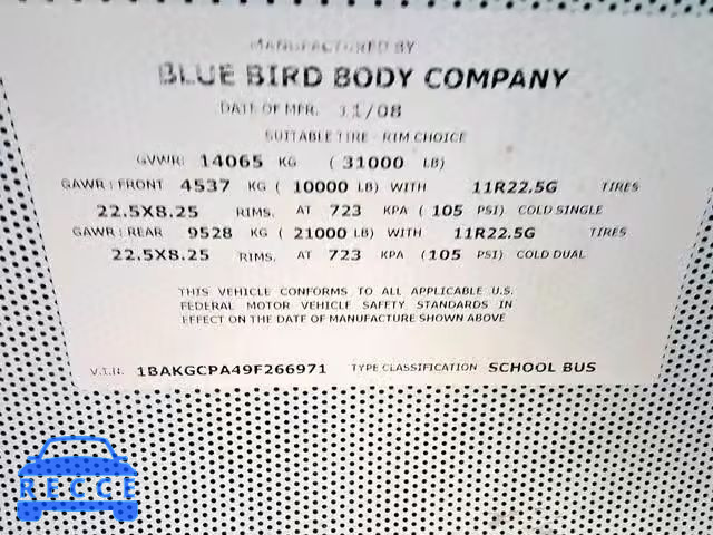 2009 BLUE BIRD SCHOOL BUS 1BAKGCPA49F266971 image 9