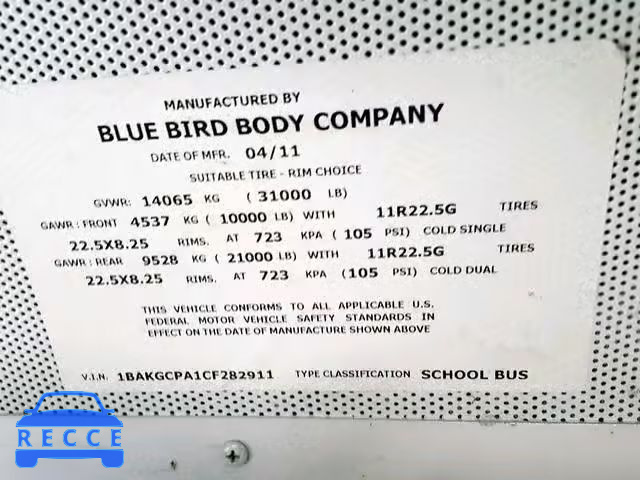 2012 BLUE BIRD SCHOOL BUS 1BAKGCPA1CF282911 зображення 9
