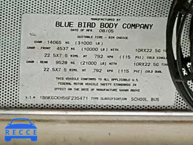 2006 BLUE BIRD SCHOOL BUS 1BAKGCKH56F235471 зображення 9