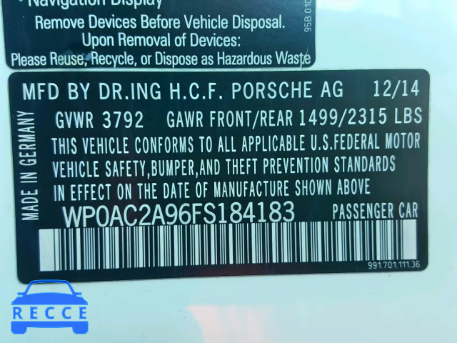 2015 PORSCHE 911 GT3 WP0AC2A96FS184183 зображення 9
