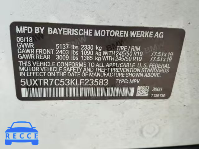 2019 BMW X3 SDRIVE3 5UXTR7C53KLF23583 image 9