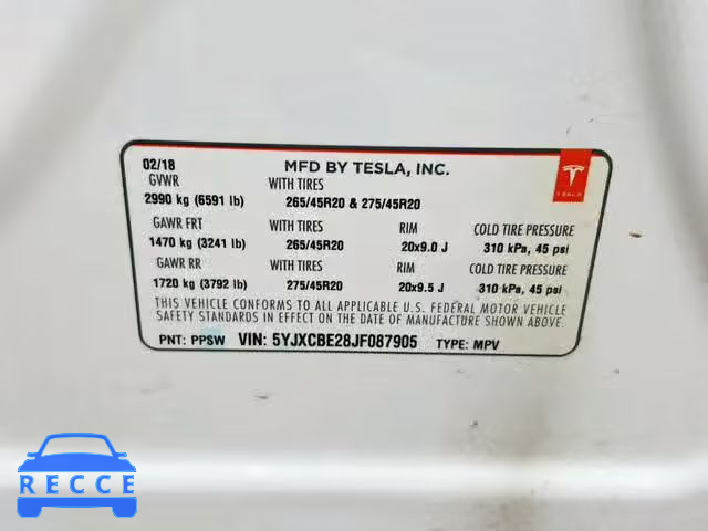 2018 TESLA MODEL X 5YJXCBE28JF087905 зображення 9