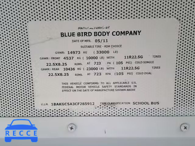 2012 BLUE BIRD SCHOOL BUS 1BAKGC5A3CF285912 image 7