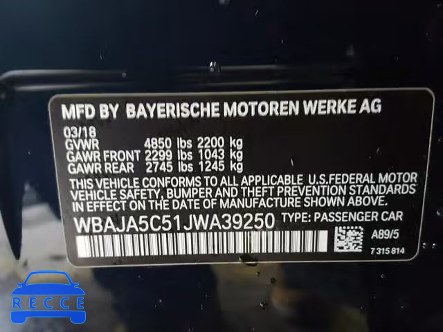 2018 BMW 530 I WBAJA5C51JWA39250 image 9