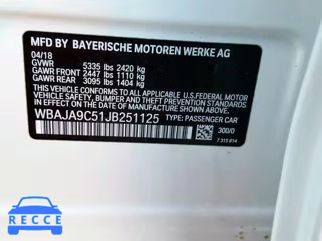 2018 BMW 530E WBAJA9C51JB251125 зображення 9