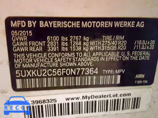 2015 BMW X6 XDRIVE3 5UXKU2C56F0N77364 image 9