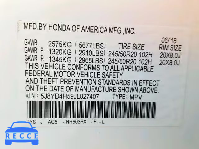 2018 ACURA MDX TECHNO 5J8YD4H59JL027407 image 9