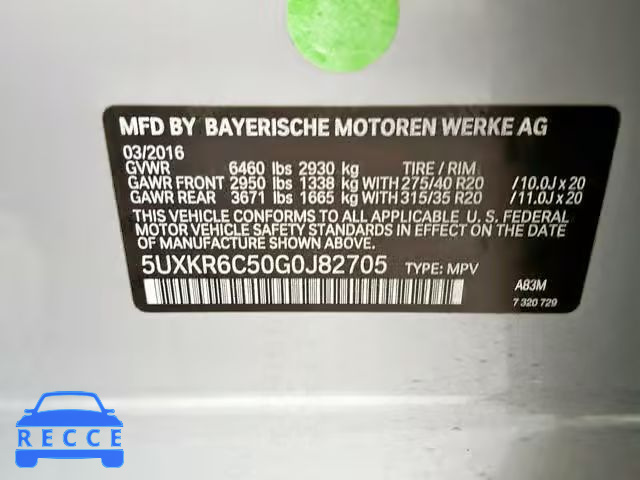 2016 BMW X5 XDRIVE5 5UXKR6C50G0J82705 зображення 9