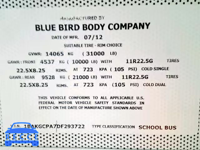 2013 BLUE BIRD SCHOOL BUS 1BAKGCPA7DF293722 image 9