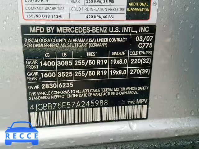 2007 MERCEDES-BENZ ML 500 4JGBB75E57A245988 image 9