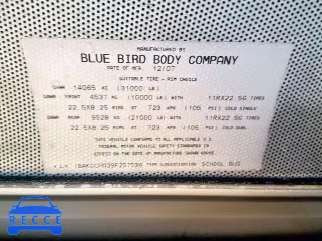 2009 BLUE BIRD SCHOOL BUS 1BAKGCPA39F257534 image 9
