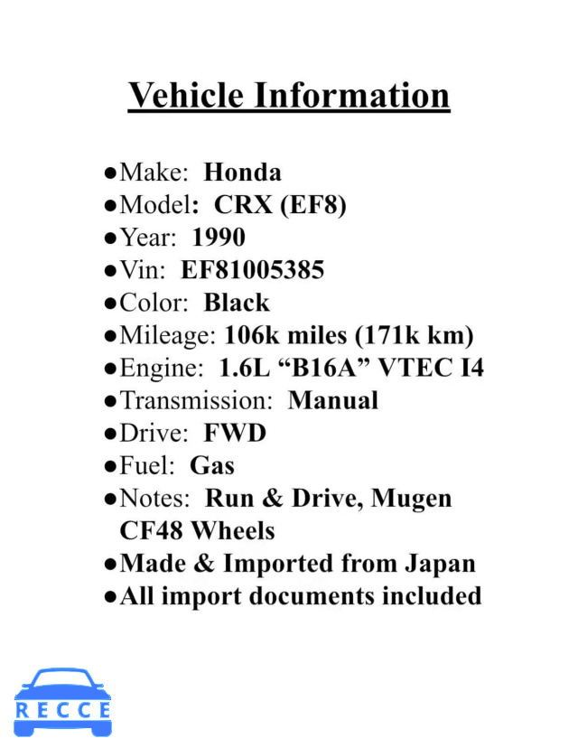 1990 HONDA CRX EF81005385 image 8