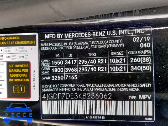 2019 MERCEDES-BENZ GLS 550 4M 4JGDF7DE3KB236062 image 9