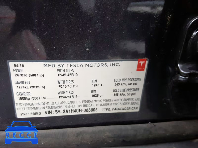 2015 TESLA MODEL S P8 5YJSA1H40FF083006 зображення 9