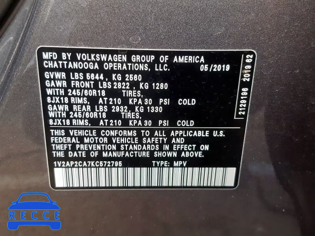 2019 VOLKSWAGEN ATLAS S 1V2AP2CA7KC572795 image 9