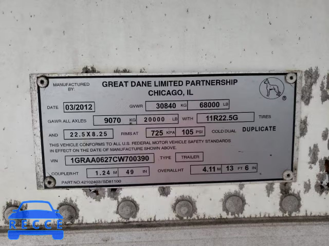 2012 GREAT DANE TRAILER TRAILER 1GRAA0627CW700390 зображення 9