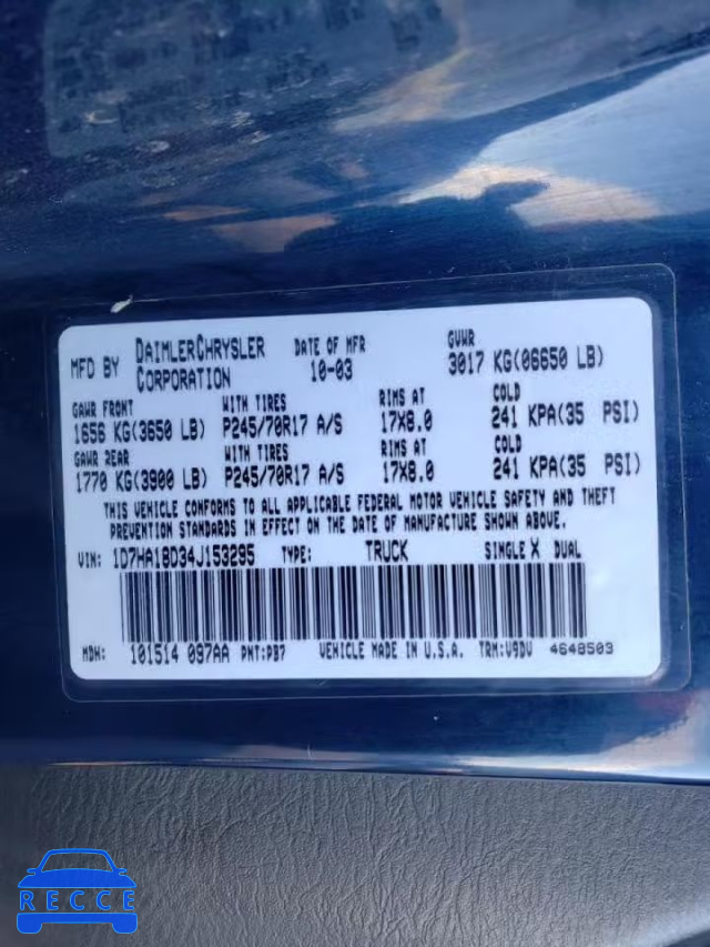 2004 DODGE RAM 1D7HA18D34J153295 зображення 9