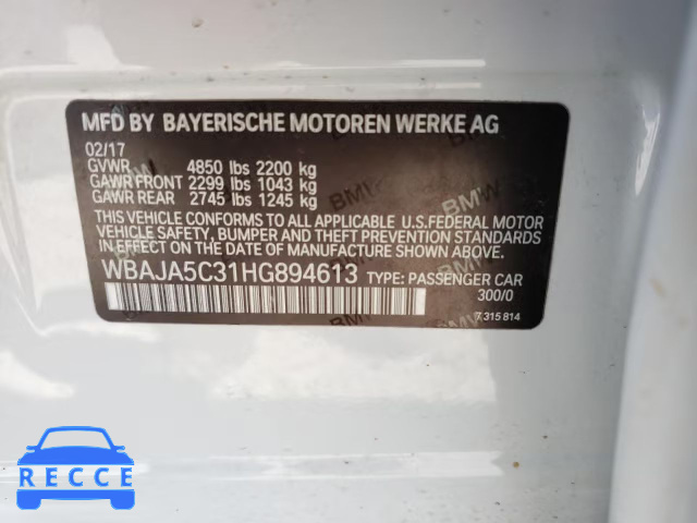 2017 BMW 530 I WBAJA5C31HG894613 зображення 9