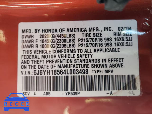 2004 HONDA ELEMENT DX 5J6YH18564L003498 image 9