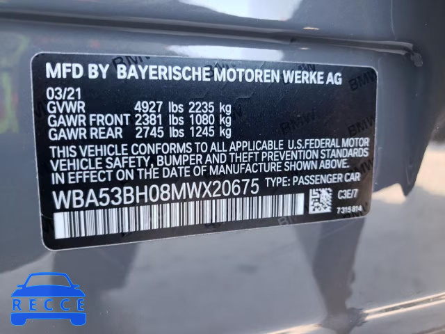 2021 BMW 530 I WBA53BH08MWX20675 image 9