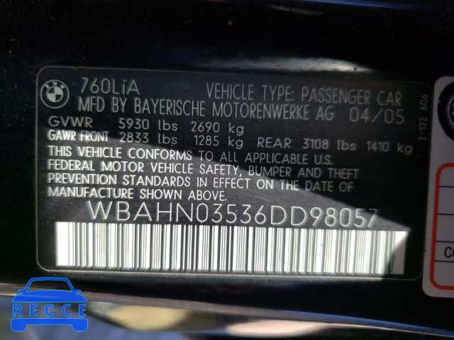 2006 BMW 760 LI WBAHN03536DD98057 image 9