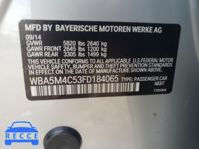 2015 BMW 535 XIGT WBA5M4C53FD184065 зображення 9