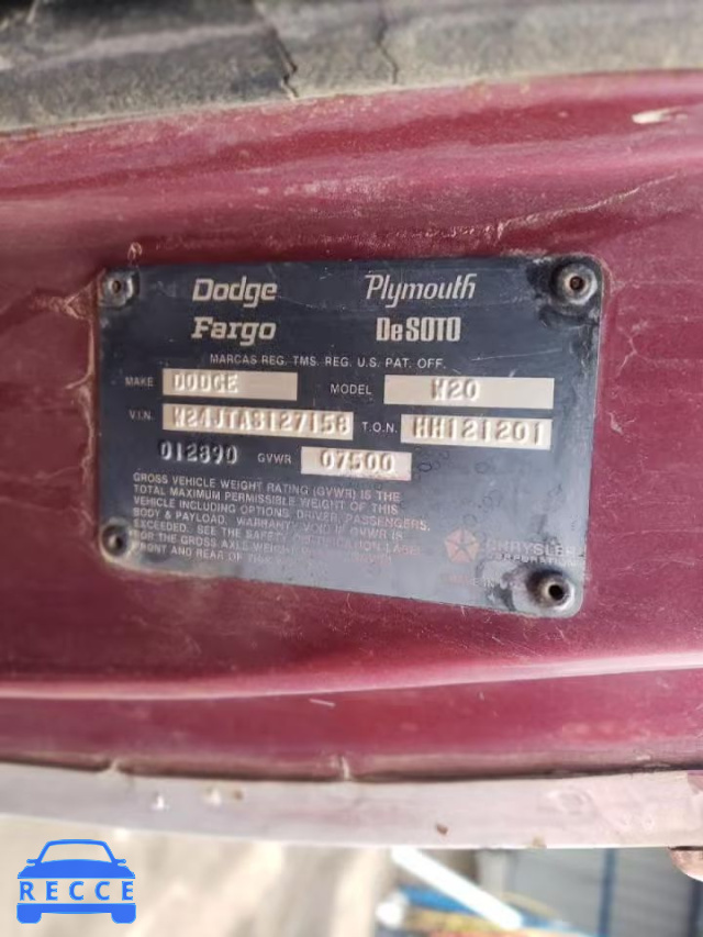 1987 DODGE RAM 150 W24JTAS127158 зображення 9