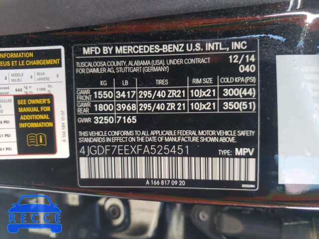 2015 MERCEDES-BENZ GL 63 AMG 4JGDF7EEXFA525451 зображення 9