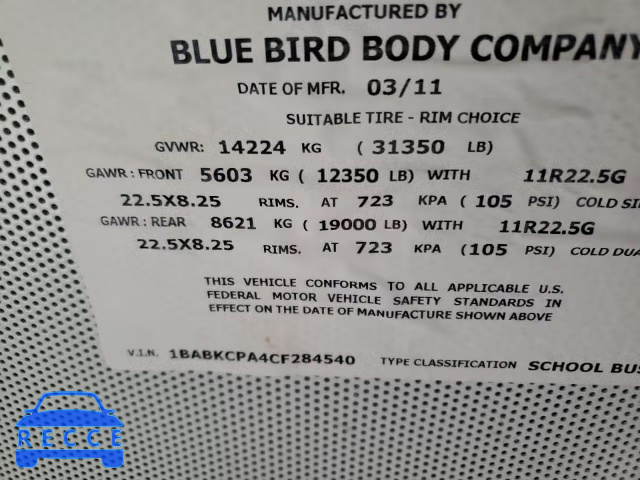 2012 BLUE BIRD SCHOOL BUS 1BABKCPA4CF284540 зображення 9