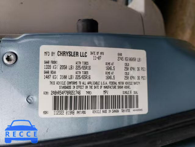 2008 CHRYSLER TOWN&COUNT 2A8HR54P78R651746 Bild 9