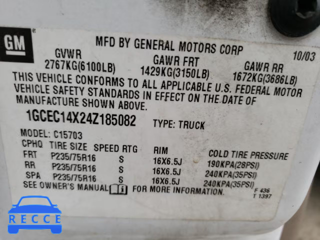 2004 CHEVROLET 1500 SILVE 1GCEC14X24Z185082 image 9