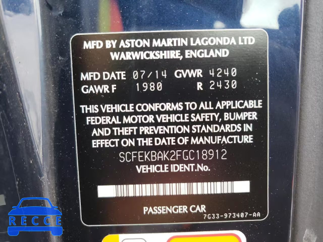 2015 ASTON MARTIN V8 VANTAGE SCFEKBAK2FGC18912 image 9