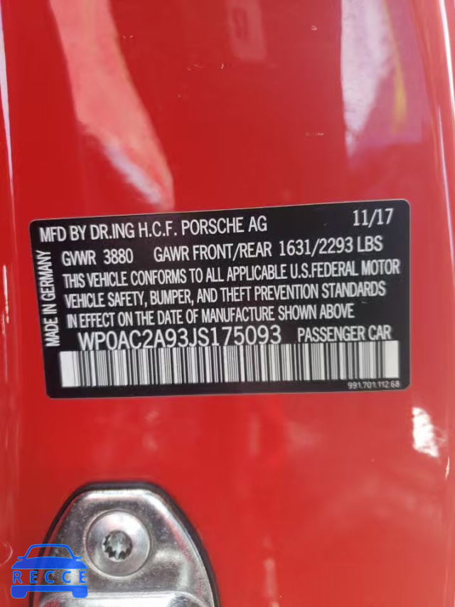 2018 PORSCHE 911 GT3 WP0AC2A93JS175093 image 9