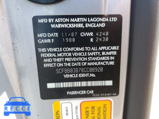 2008 ASTON MARTIN V8 VANTAGE SCFBB03B78GC08920 image 9