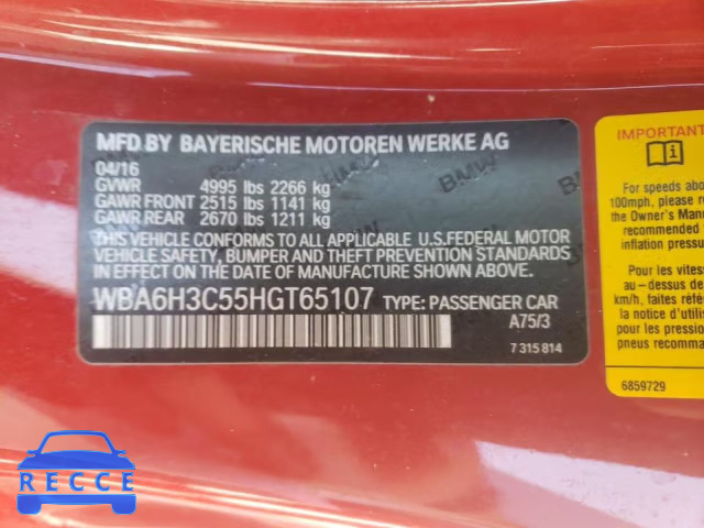 2017 BMW 640 XI WBA6H3C55HGT65107 зображення 9