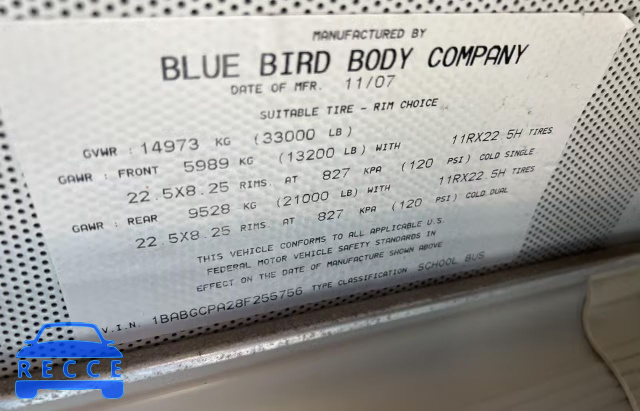 2008 BLUE BIRD SCHOOL BUS 1BABGCPA28F255756 зображення 9