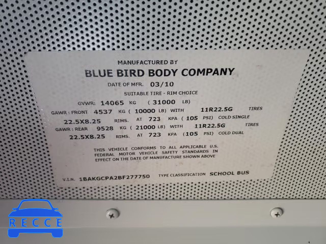 2011 BLUE BIRD SCHOOL BUS 1BAKGCPA2BF277750 зображення 9