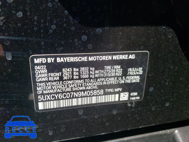2022 BMW X6 XDRIVE4 5UXCY6C07N9M05858 image 9