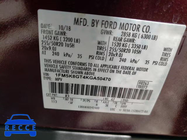 2019 FORD EXPLOR SPT 1FM5K8GT4KGA50470 image 9