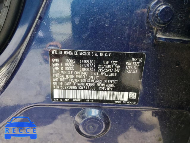 2016 HONDA HR-V EX 3CZRU6H51GM747008 image 9