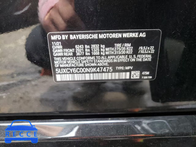 2022 BMW X6 XDRIVE4 5UXCY6C00N9K47475 image 9
