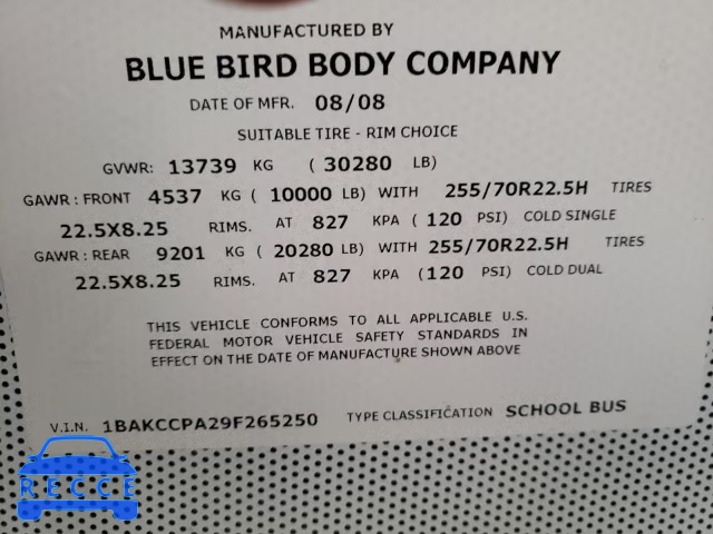 2009 BLUE BIRD SCHOOL BUS 1BAKCCPA29F265250 image 9