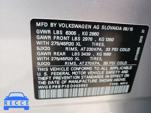 2016 VOLKSWAGEN TOUAREG TD WVGEP9BP1GD003892 зображення 9