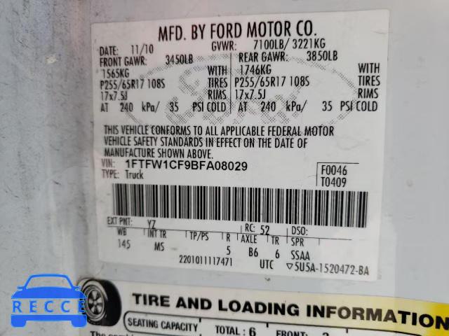 2011 FORD F150 XLT 1FTFW1CF9BFA08029 image 9