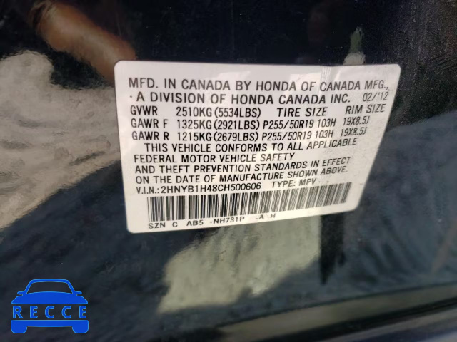 2012 ACURA ZDX TECHNO 2HNYB1H48CH500606 image 9