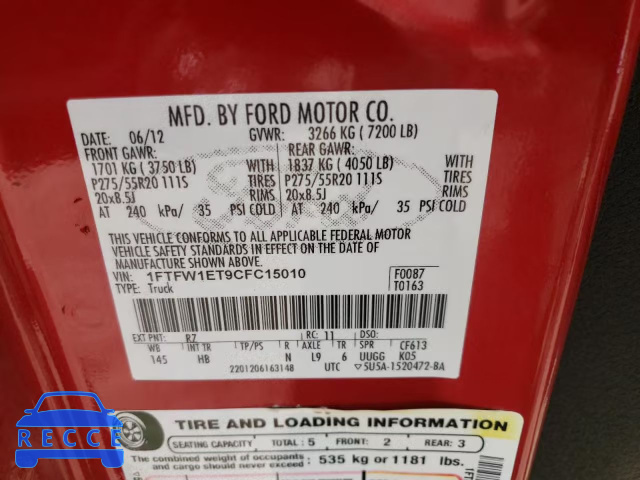 2012 FORD F150 PU 1FTFW1ET9CFC15010 image 9