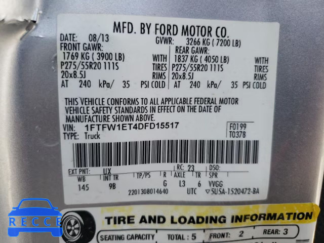 2013 FORD 100 CLB WG 1FTFW1ET4DFD15517 image 9